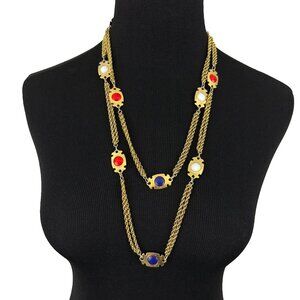 PATRIOTIC gold double-strand flapper-length necklace - 54" red white blue glass